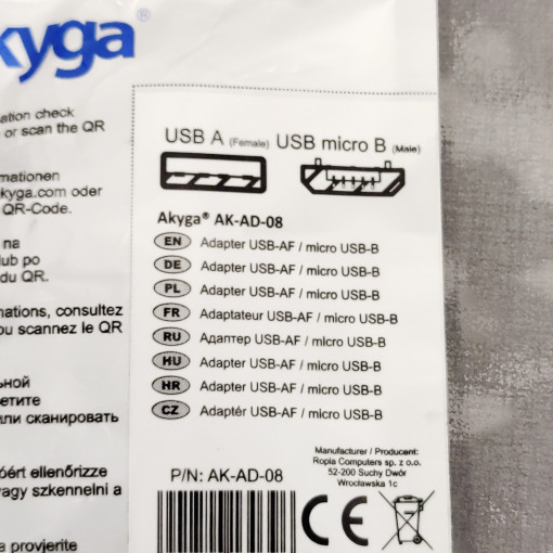 AK-AD-08; Adapter; OTG,USB 2.0; USB A socket,USB B micro plug; AKYGA AK-AD-08; Adapter; OTG,USB 2.0; USB A socket,USB B micro plug; AKYGA