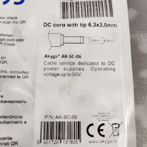 AK-SC-06; Cable; wires,DC 6,3/3,0 plug; straight; 0.5mm2; black; 1.2m; AKYGA AK-SC-06; Cable; wires,DC 6,3/3,0 plug; straight; 0.5mm2; black; 1.2m; AKYGA