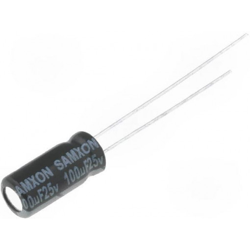 KM 100U/25V; Capacitor: electrolytic; THT; 100uF; 25VDC; Ø5x11mm; Pitch: 2mm; SAMXON KM 100U/25V; Capacitor: electrolytic; THT; 100uF; 25VDC; Ø5x11mm; Pitch: 2mm; SAMXON