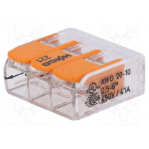 221-613, 3 poli Installation quick splice; 221; spring clamp; 0.5÷6mm2; 450V; 41A, WAGO 221-613, 3 poli Installation quick splice; 221; spring clamp; 0.5÷6mm2; 450V; 41A, WAGO